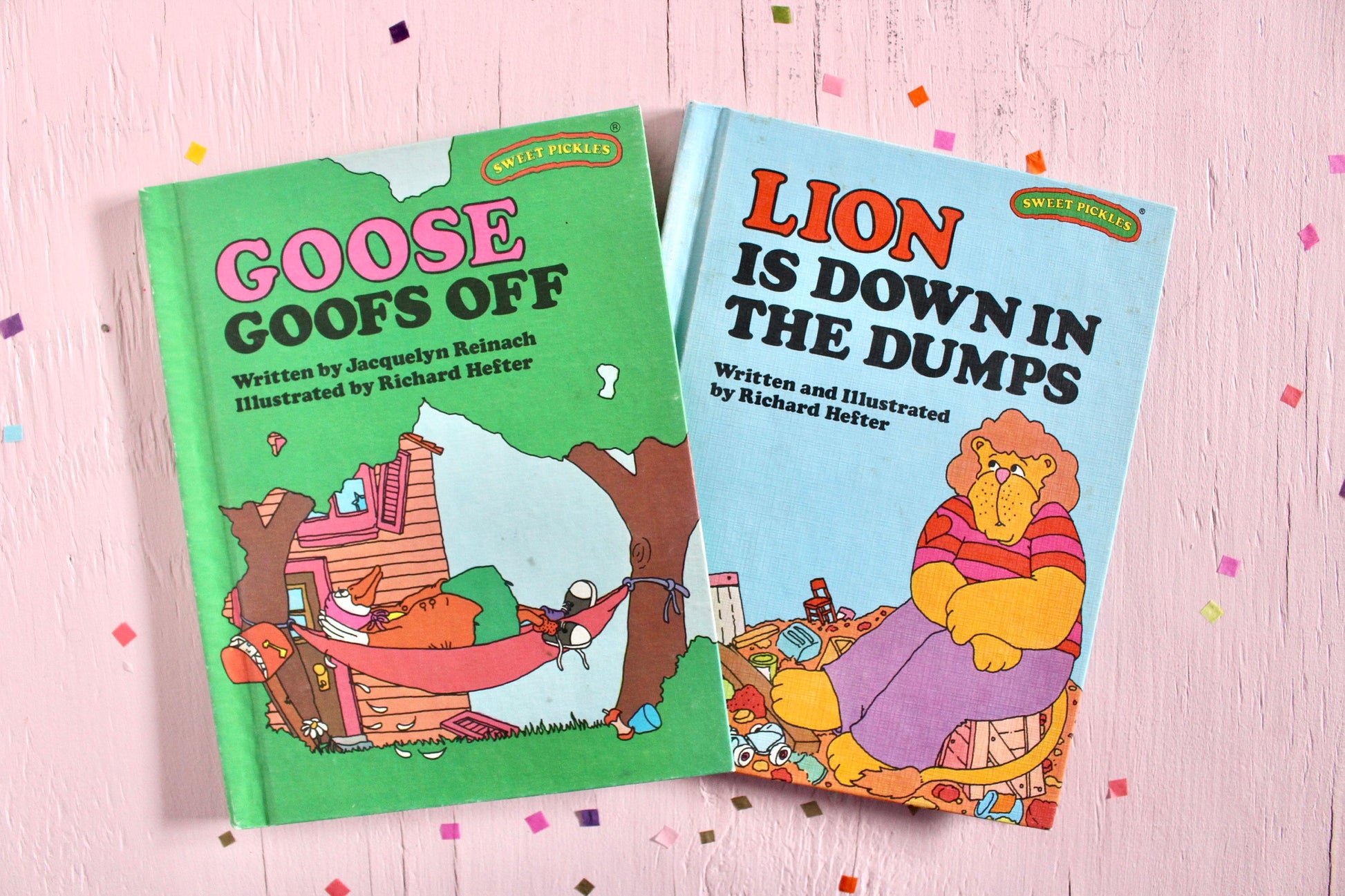 Sweet Pickles Hardcover Book Set of 2, Vintage 80s Lion Down in Dumps Goose Goofs Off Books