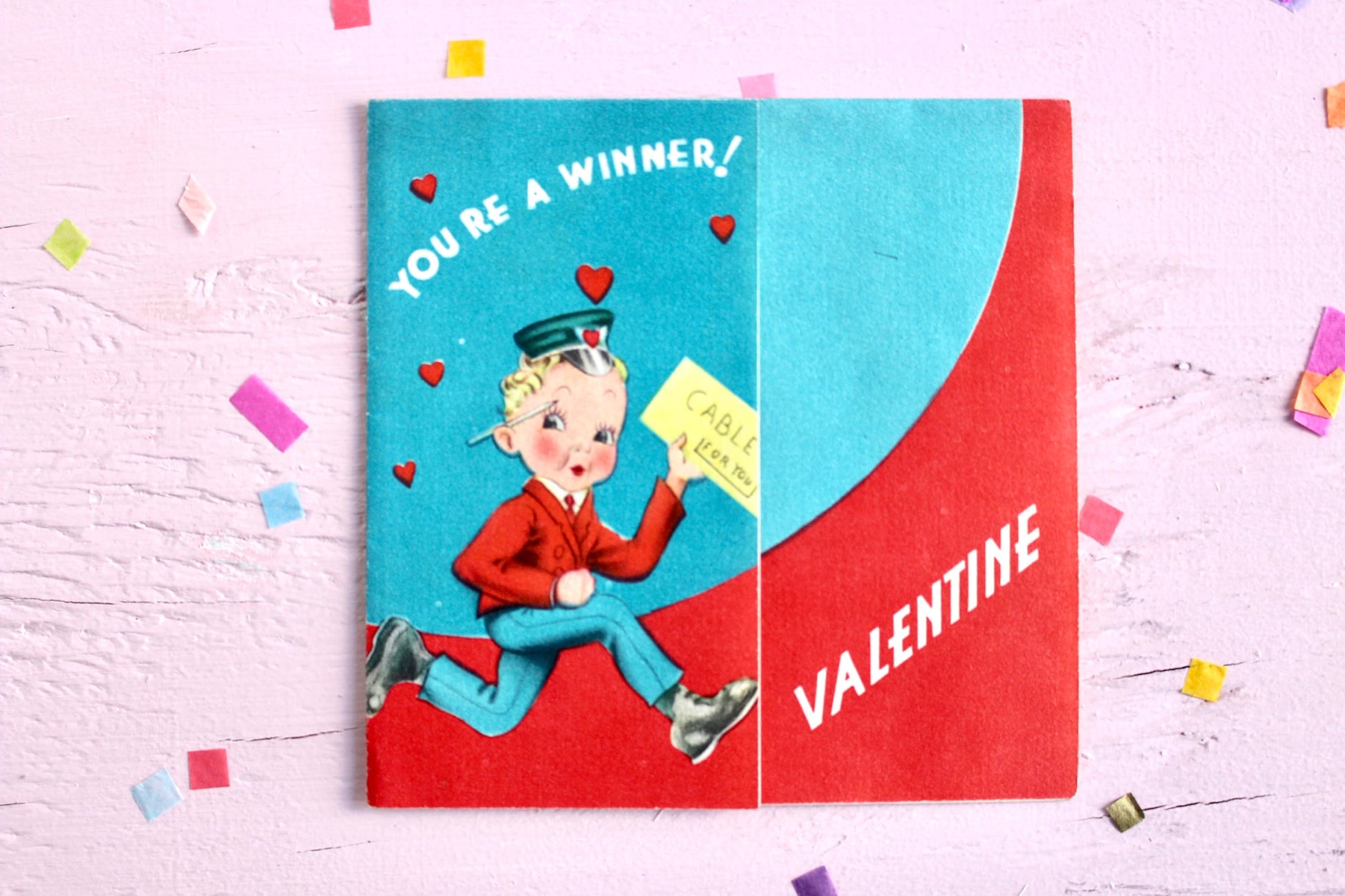 50s Mailman Valentines Day Greeting Card, Vintage Retro Telegram Collectible Valentines Paper Decor and Crafts