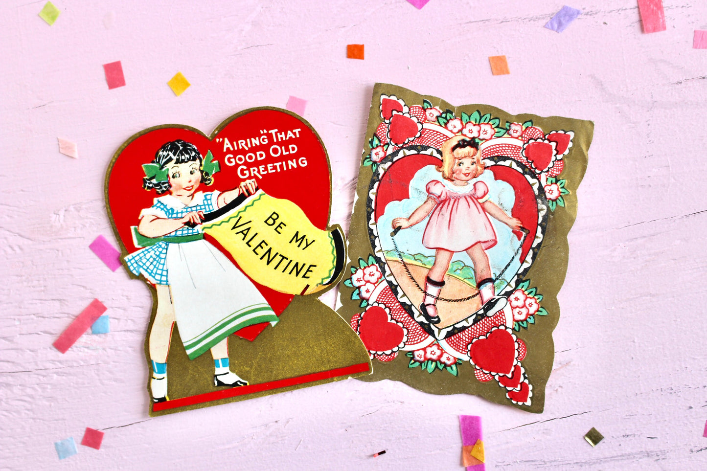 1940s Golden Girl Die Cut Heart Valentines Day Greeting Card Set of 2, Vintage Retro Collectible Valentines Paper Decor and Crafts