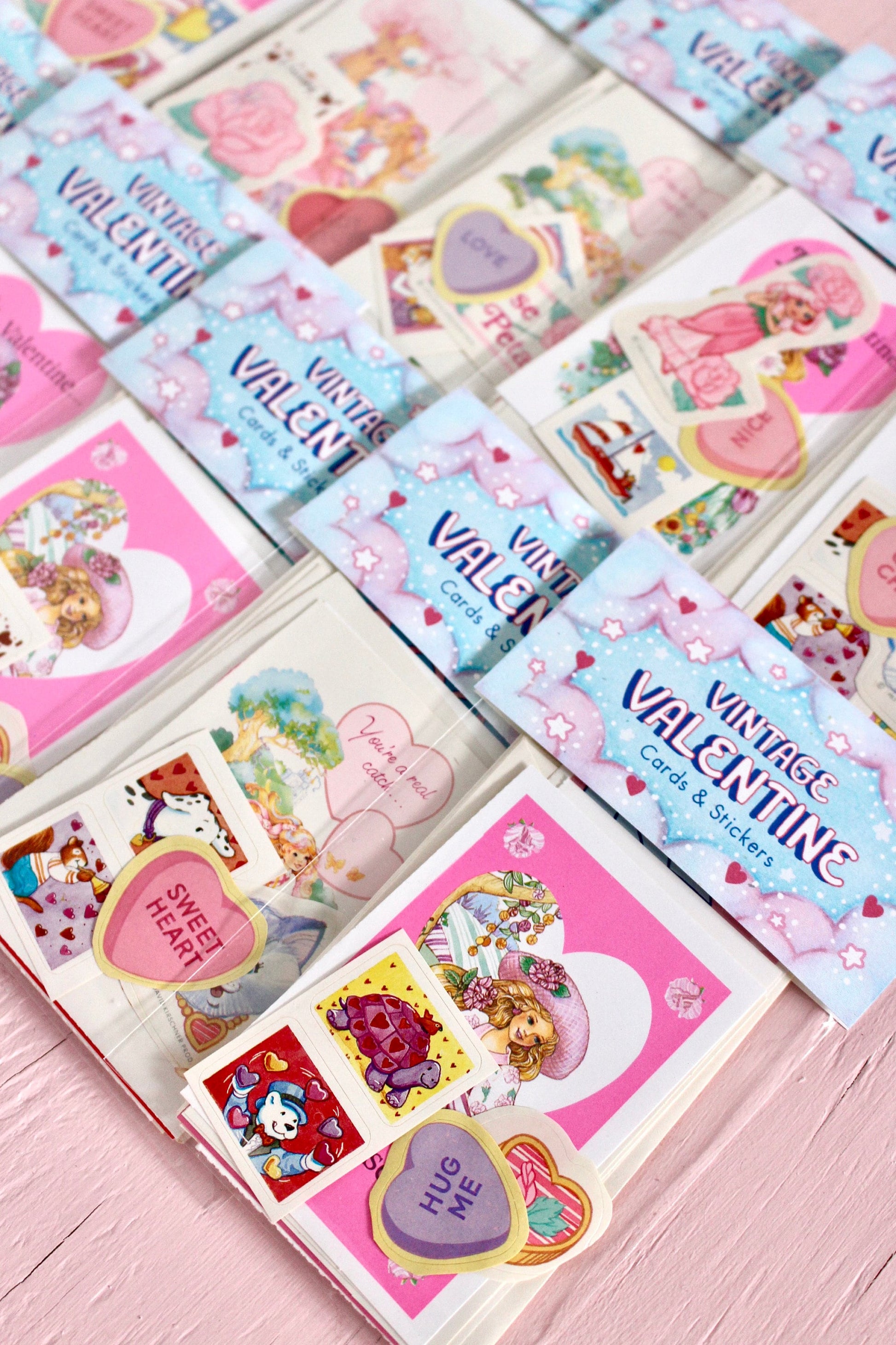 80s Girl Nostalgia Valentine Card Pack, 80s 90s Mystery Cards and Sticker Set, Lady Lovely Locks Barbie Disney Popples Peppermint Rose Cards