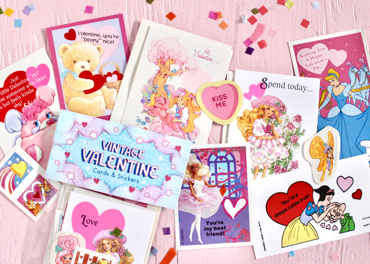 80s Girl Nostalgia Valentine Card Pack, 80s 90s Mystery Cards and Sticker Set, Lady Lovely Locks Barbie Disney Popples Peppermint Rose Cards