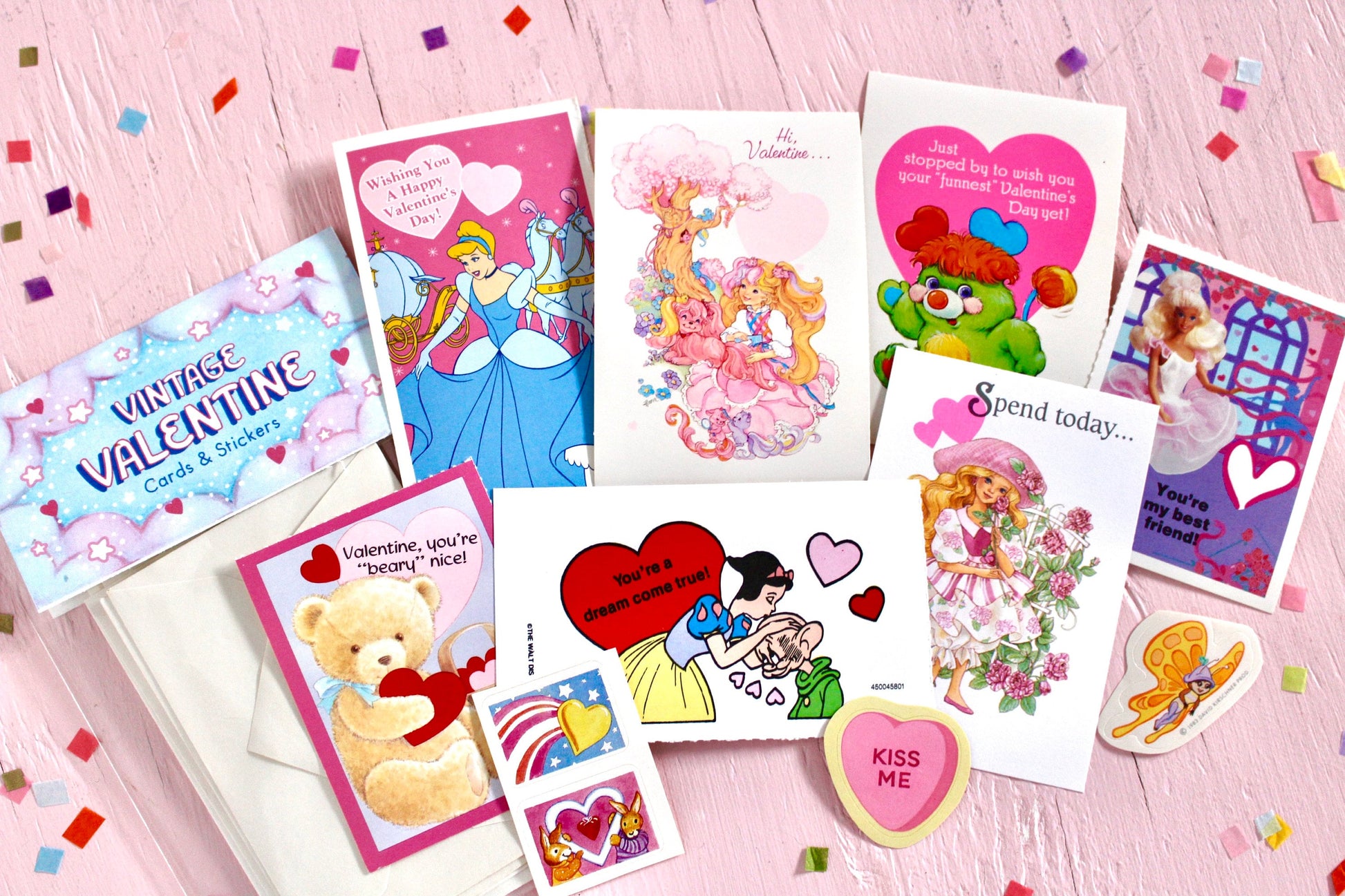 80s Girl Nostalgia Valentine Card Pack, 80s 90s Mystery Cards and Sticker Set, Lady Lovely Locks Barbie Disney Popples Peppermint Rose Cards