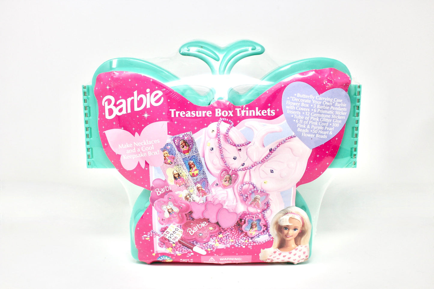 90s Barbie Butterfly Case Nails Treasure Box Trinkets, Vintage Barbie Teal Kids Jewelry Box Set