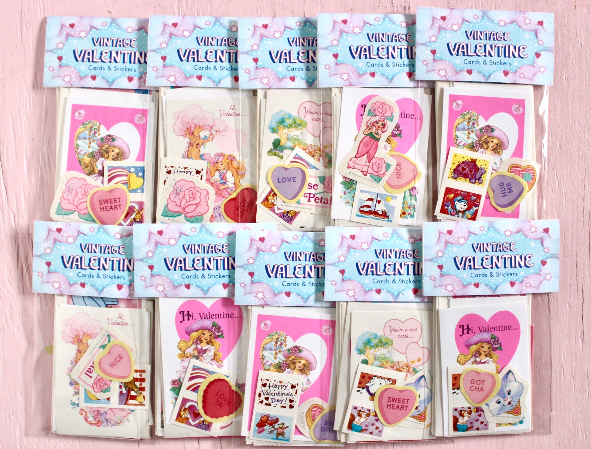 80s Girl Nostalgia Valentine Card Pack, 80s 90s Mystery Cards and Sticker Set, Lady Lovely Locks Barbie Disney Popples Peppermint Rose Cards