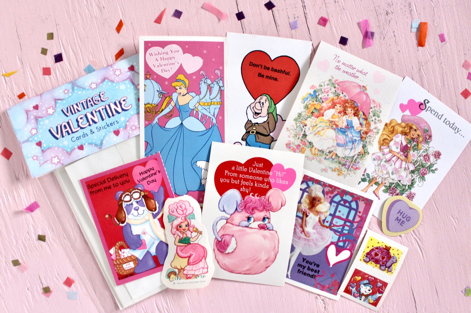 80s Girl Nostalgia Valentine Card Pack, 80s 90s Mystery Cards and Sticker Set, Lady Lovely Locks Barbie Disney Popples Peppermint Rose Cards