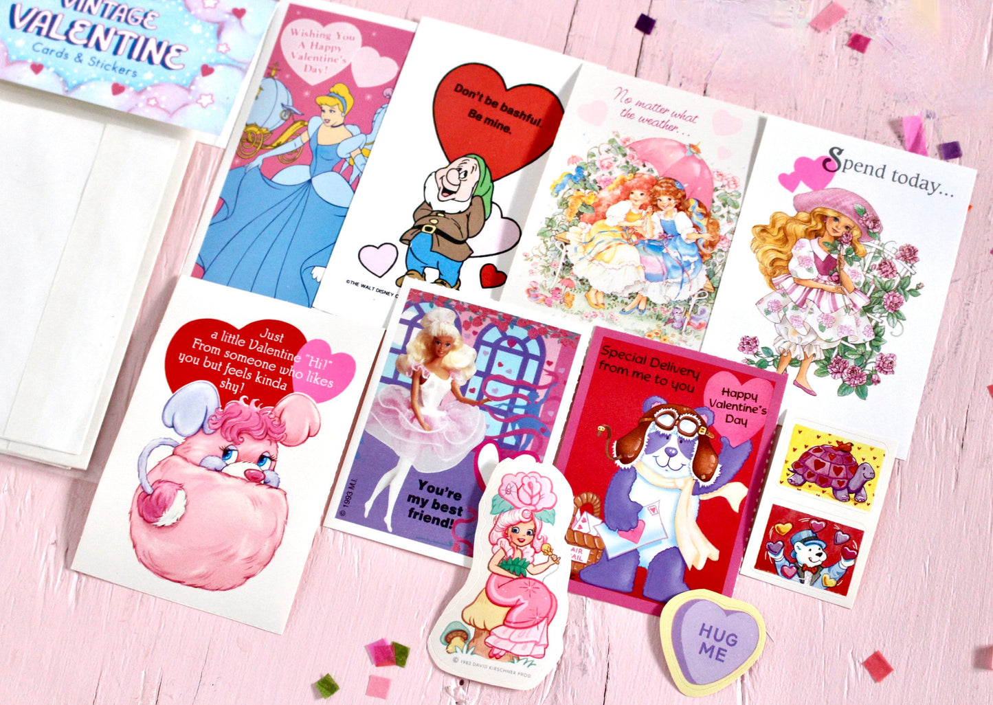 80s Girl Nostalgia Valentine Card Pack, 80s 90s Mystery Cards and Sticker Set, Lady Lovely Locks Barbie Disney Popples Peppermint Rose Cards