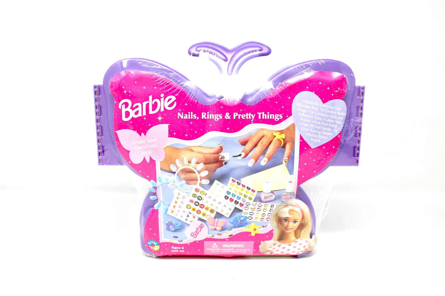 90s Barbie Butterfly Case Nails Rings and Pretty Things, Vintage Barbie Purple Kids Manicure Set