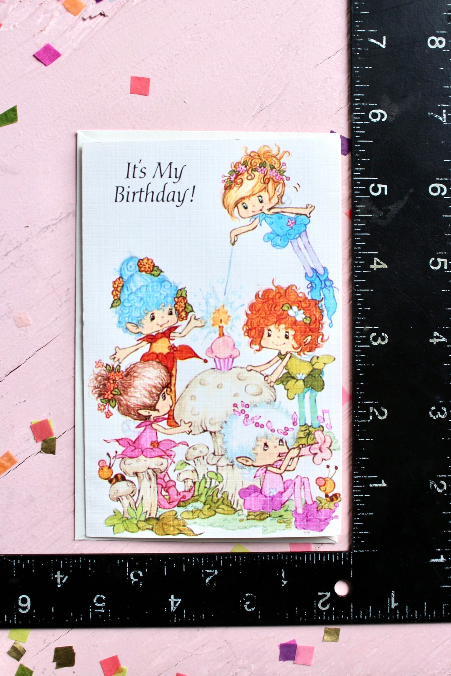 Herself the Elf Birthday Invitation Card with Envelope, Vintage 80s Birthday Invite, Flower Fairy Card, 80s Kids Toy Paper Ephemera