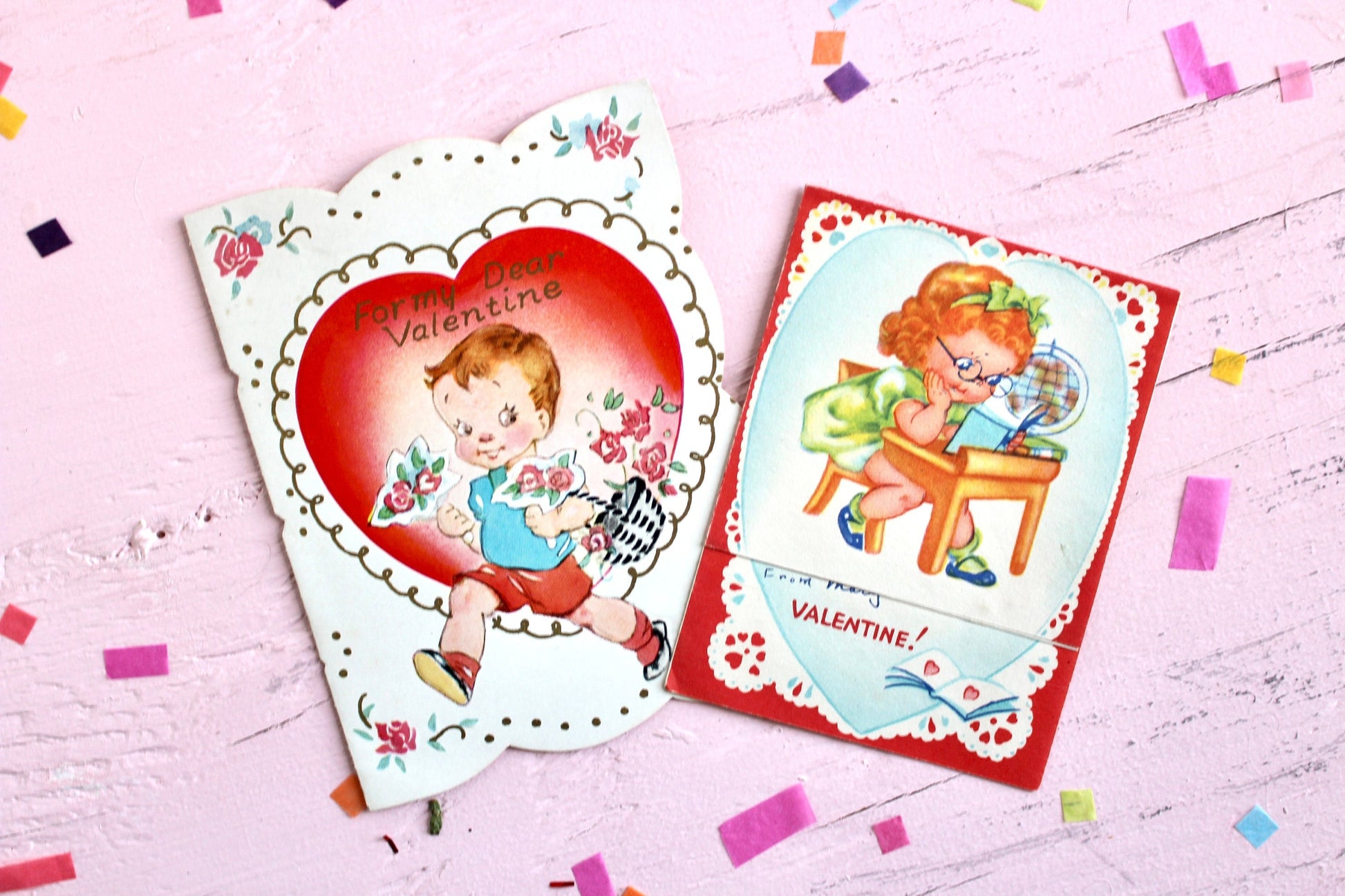 Vintage Valentines Day Greeting Card Set of 2, 1940s 1950s Retro Kids Die Cut Collectible Valentines Paper Decor and Crafts