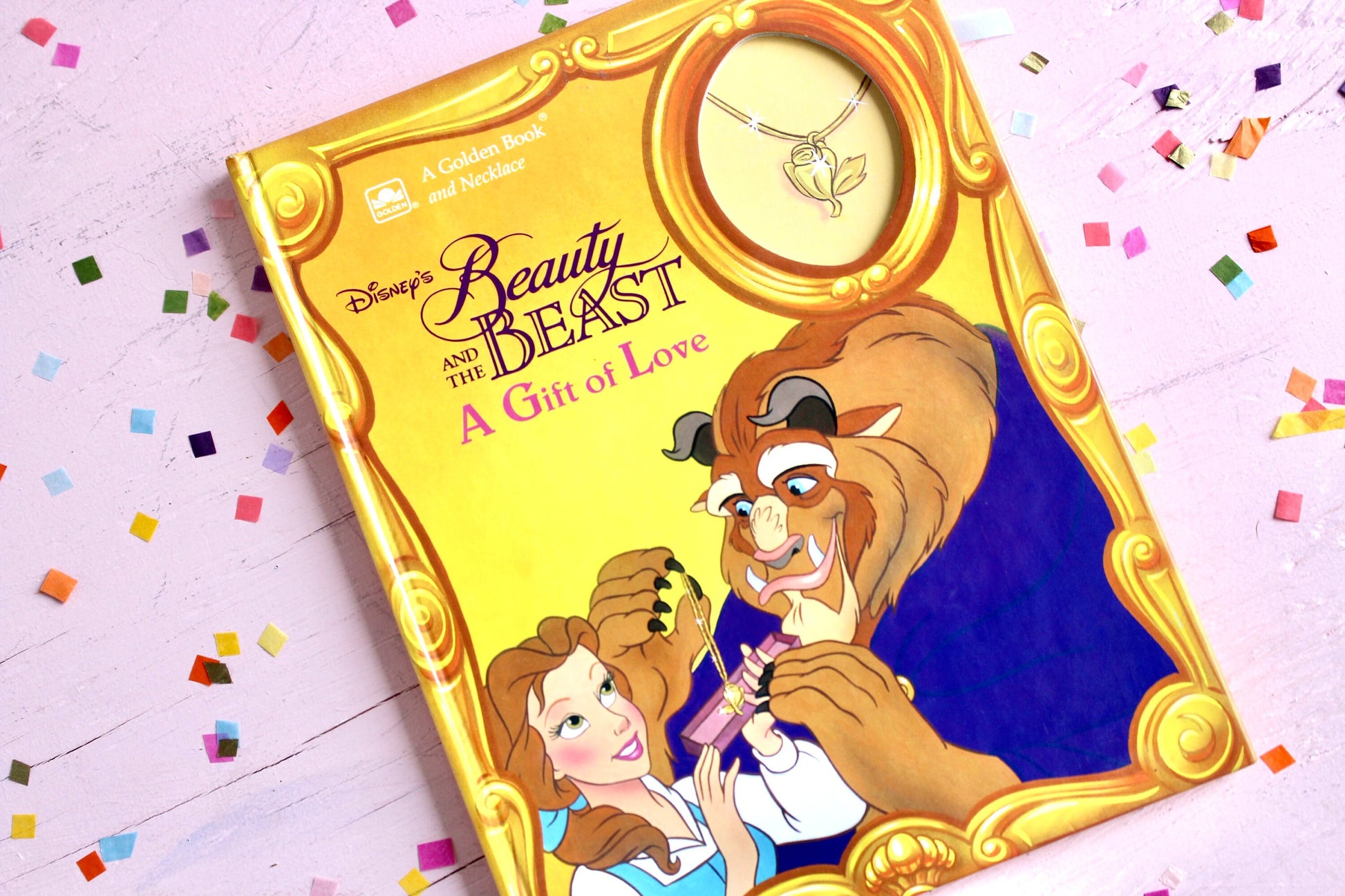 Beauty and the Beast A Gift of Love Disney Hardcover Book, Vintage 90s Walt Disney Princess Necklace Children's Story