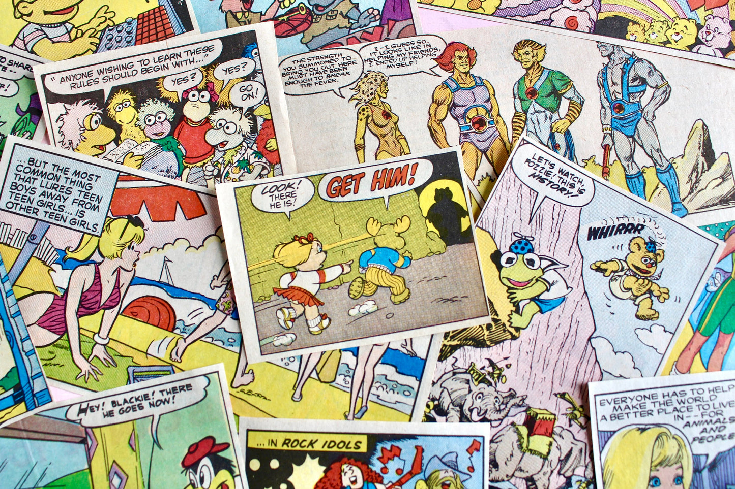 Comic Strip Art Pack, 30 pieces, 80s Care Bears Thundercats Get Along Gang Muppet Babies Barbie Fraggle Rock, Vintage Junk Journal Supplies