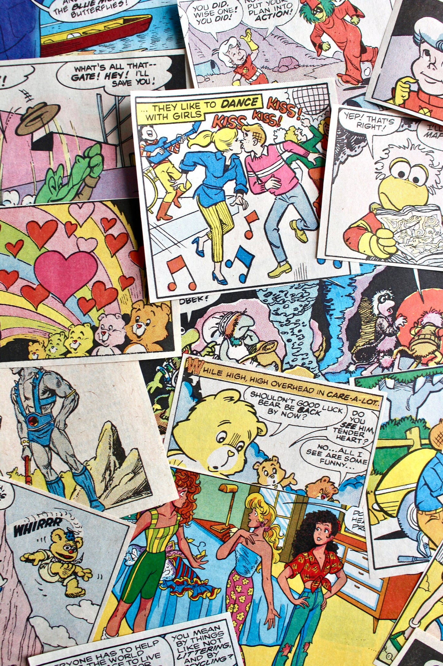 Comic Strip Art Pack, 30 pieces, 80s Care Bears Thundercats Get Along Gang Muppet Babies Barbie Fraggle Rock, Vintage Junk Journal Supplies