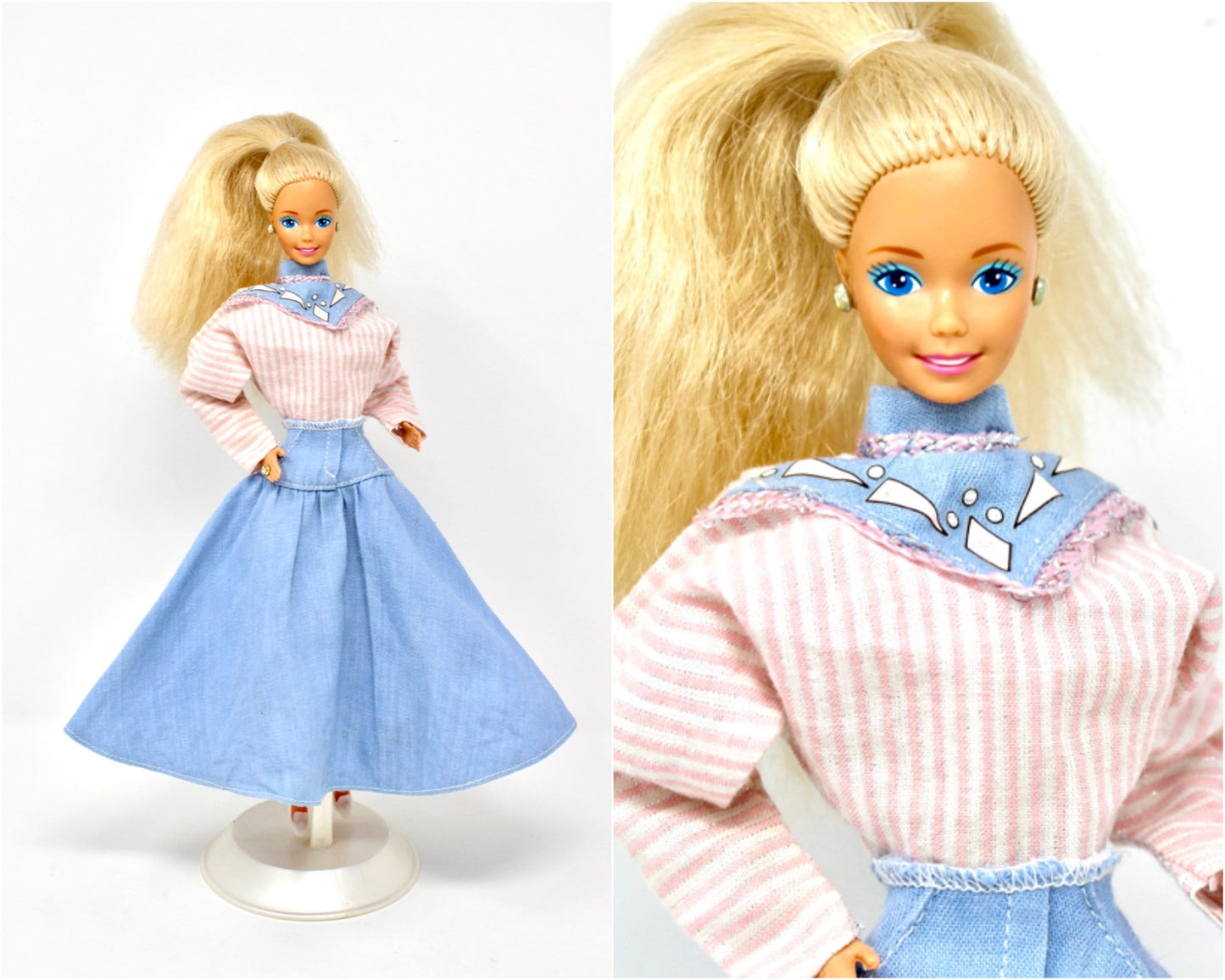 Feeling Fun Jeans Barbie Doll in The Jeans Look Fashion #4333, Vintage 80s Barbie in Denim Skirt Silver Pink Top, Western Barbie Fashion