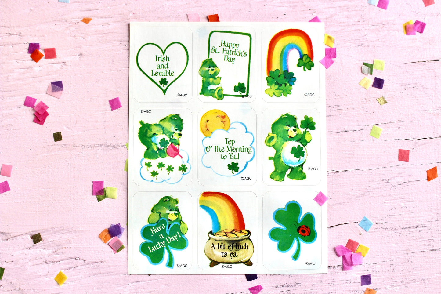 Good Luck Care Bear Sticker Sheet, Vintage 80s St Patricks Day Care Bear Paper Ephemera