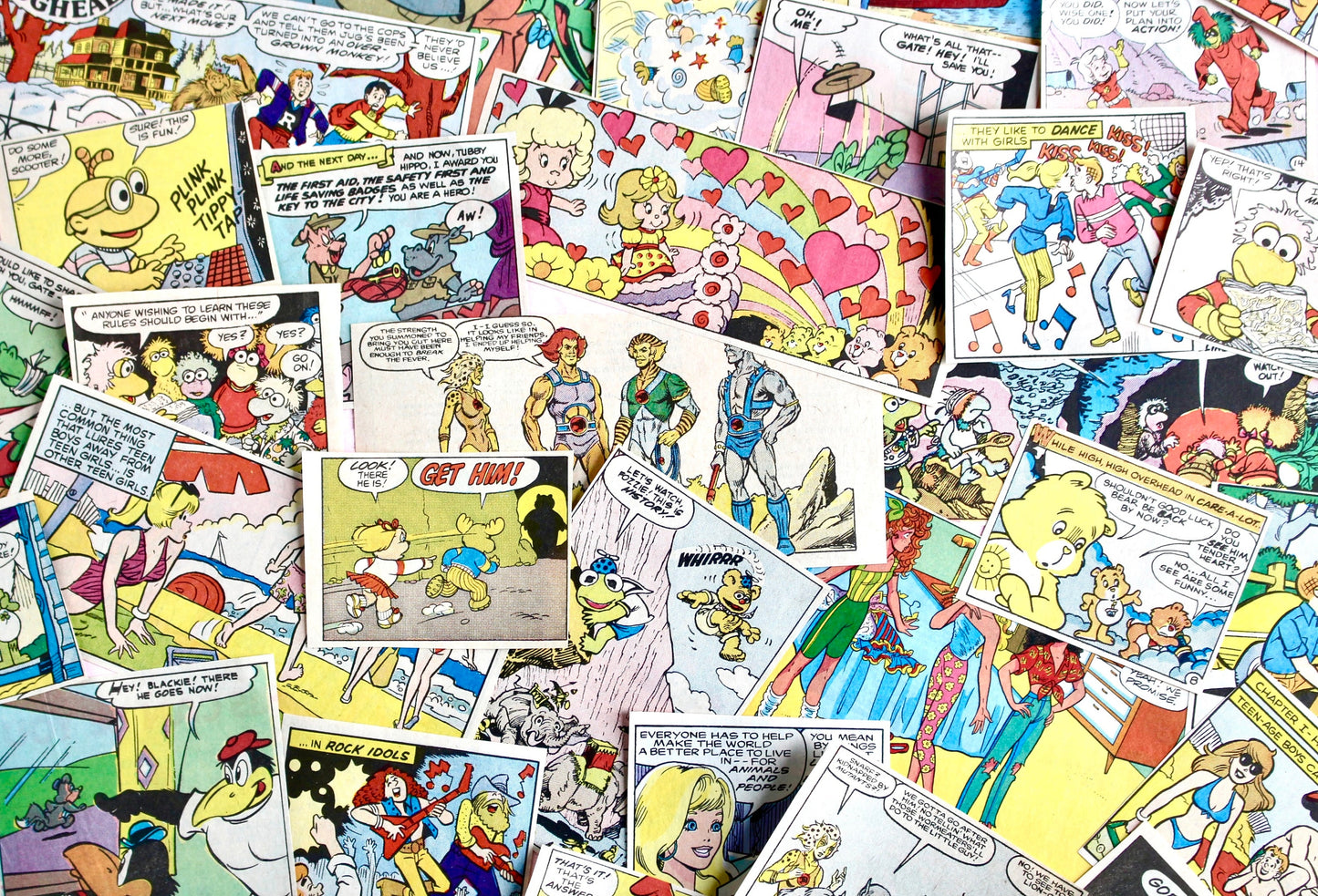 Comic Strip Art Pack, 30 pieces, 80s Care Bears Thundercats Get Along Gang Muppet Babies Barbie Fraggle Rock, Vintage Junk Journal Supplies