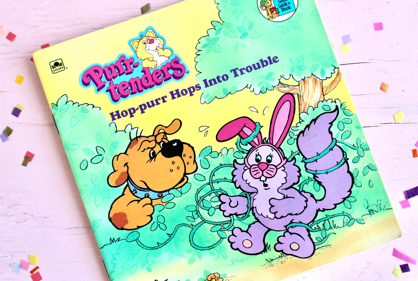 Purrtenders Kids Softcover Book, Hop-purr Hops into Trouble, Vintage Purr-tenders Plush Toy, Vintage Little Golden Book