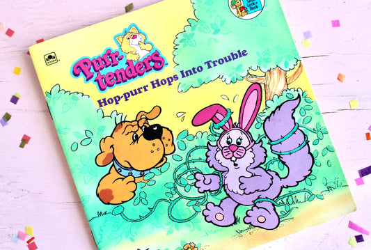 Purrtenders Kids Softcover Book, Hop-purr Hops into Trouble, Vintage Purr-tenders Plush Toy, Vintage Little Golden Book