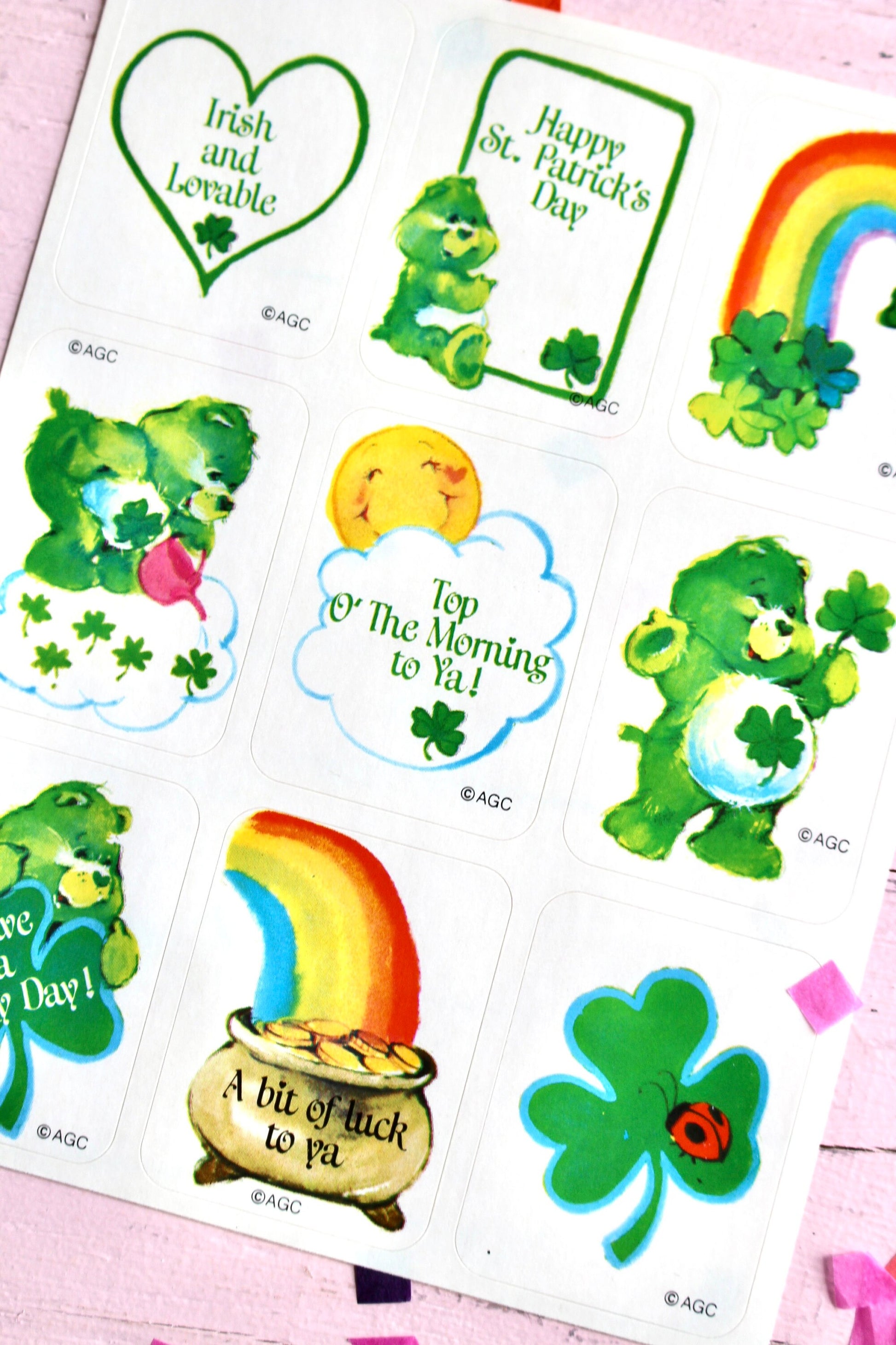 Good Luck Care Bear Sticker Sheet, Vintage 80s St Patricks Day Care Bear Paper Ephemera