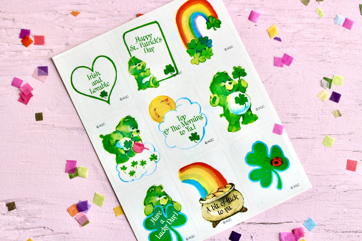 Good Luck Care Bear Sticker Sheet, Vintage 80s St Patricks Day Care Bear Paper Ephemera