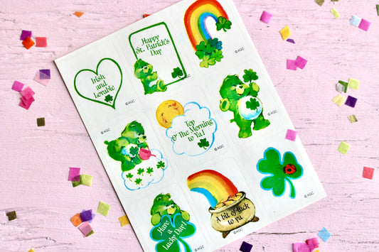 Good Luck Care Bear Sticker Sheet, Vintage 80s St Patricks Day Care Bear Paper Ephemera