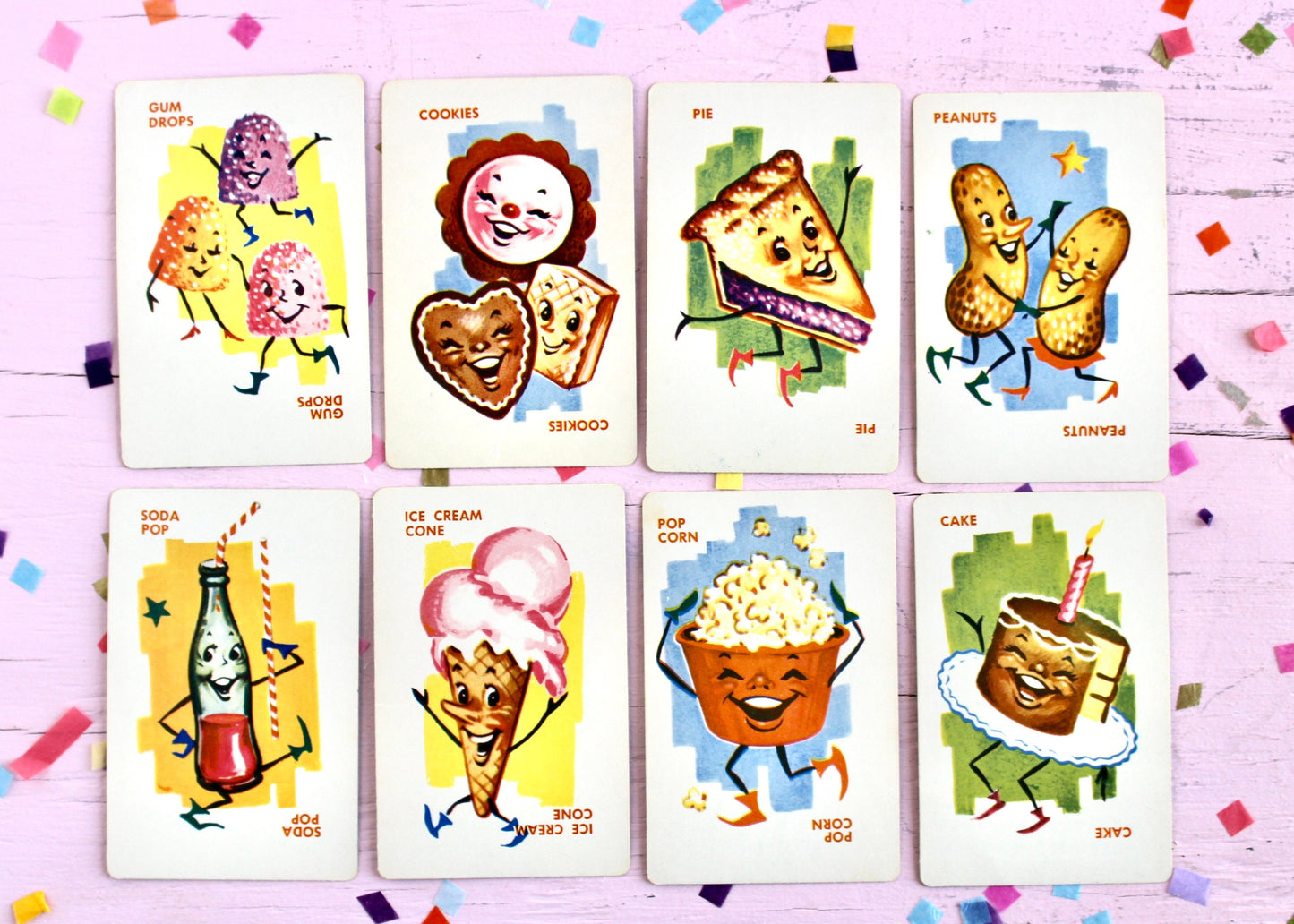 Candy Dandy Playing Cards Set of 8, Retro Candy Cards, 50s 60s Kitschy Candy Junk Journal Ephemera