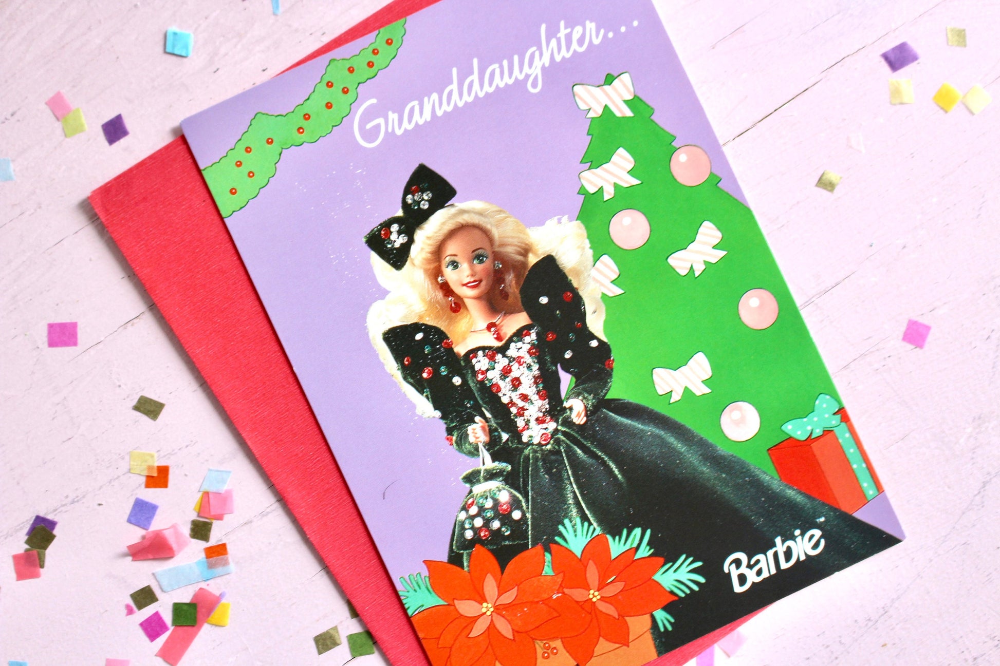 Holiday Barbie Christmas Greeting Card with Envelope, Vintage 90s Holiday Barbie Card, Retro Barbie Fashion Christmas Paper