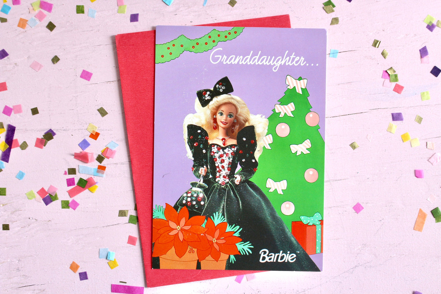 Holiday Barbie Christmas Greeting Card with Envelope, Vintage 90s Holiday Barbie Card, Retro Barbie Fashion Christmas Paper