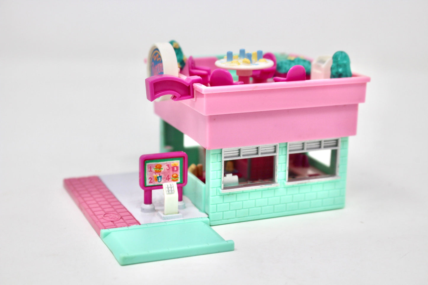 Pollyville Burger Drive In Drive Thru Polly Pocket Compact Set, Vintage Miniature Polly Toys, 90s Bluebird Pollyville Fast Food Burger Set