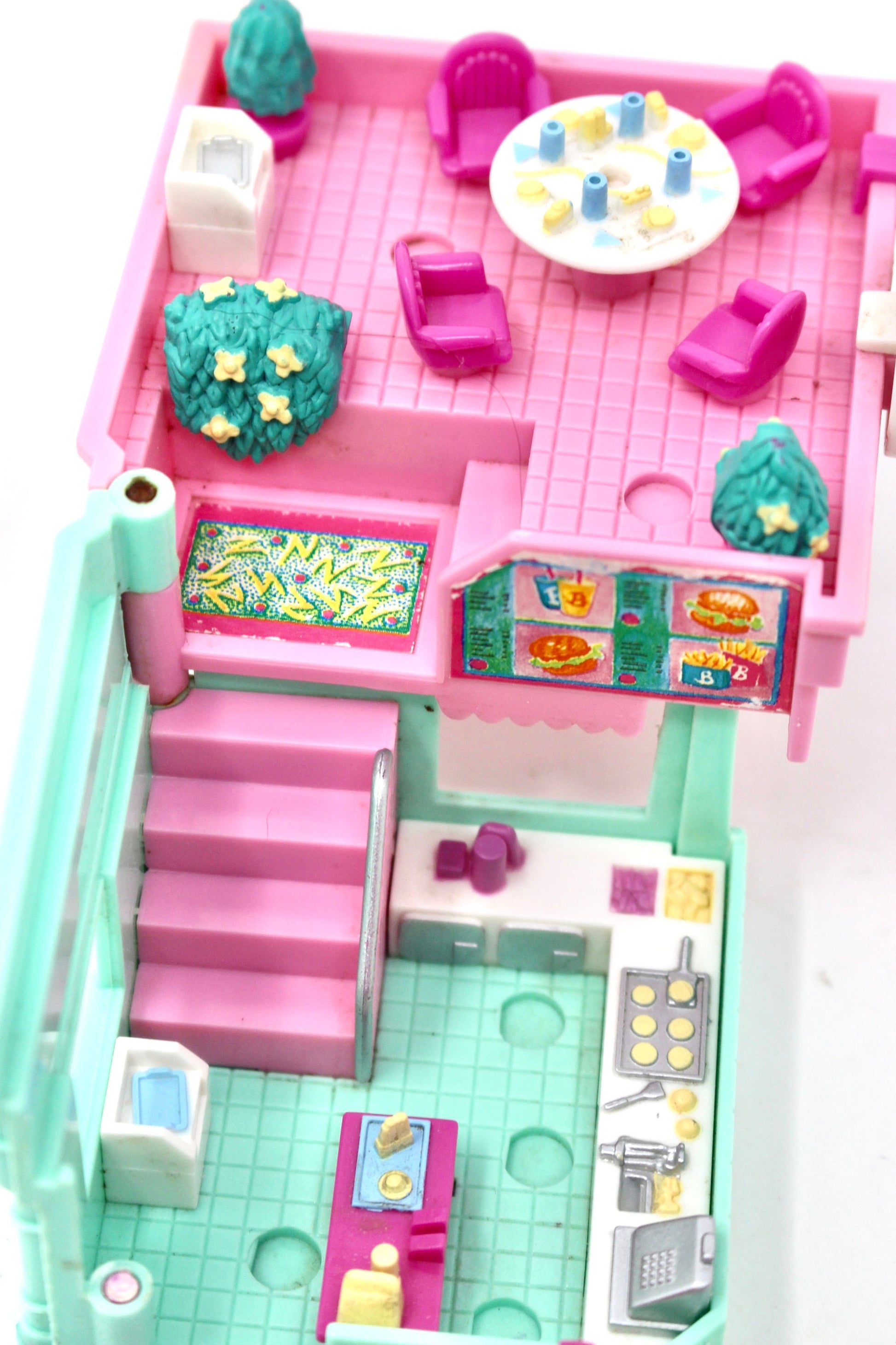 Pollyville Burger Drive In Drive Thru Polly Pocket Compact Set, Vintage Miniature Polly Toys, 90s Bluebird Pollyville Fast Food Burger Set