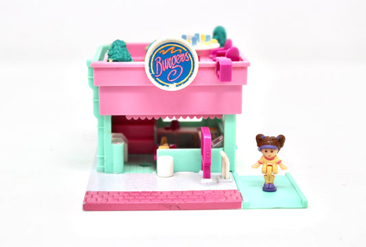 Pollyville Burger Drive In Drive Thru Polly Pocket Compact Set, Vintage Miniature Polly Toys, 90s Bluebird Pollyville Fast Food Burger Set