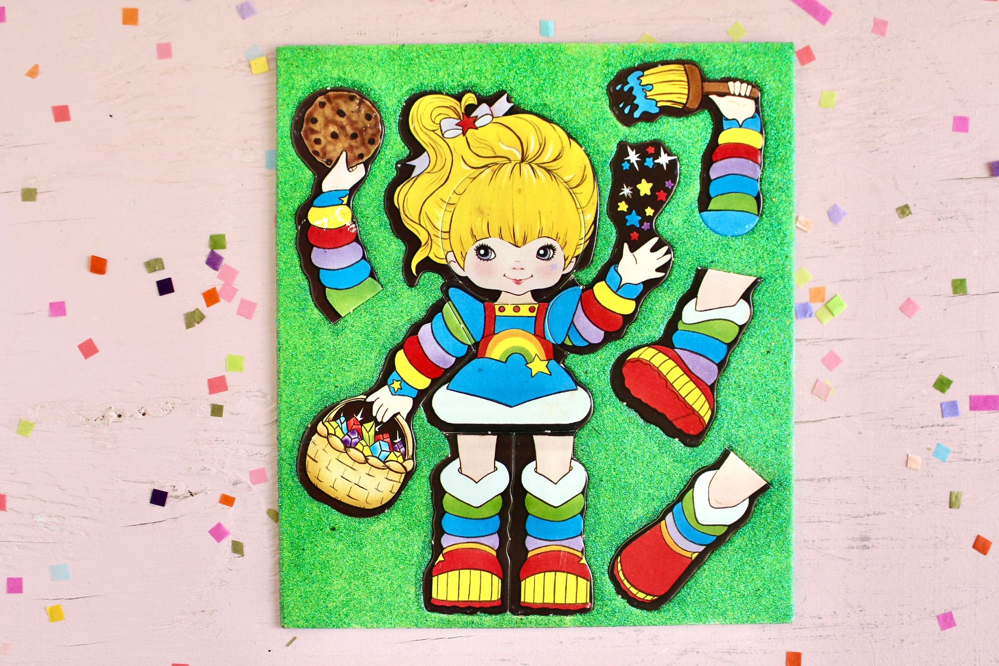 Rainbow Brite Magnetic Puzzle with Green Glitter, Vintage 80s Rainbow Brite Kids Refrigerator Play Puzzle Toy