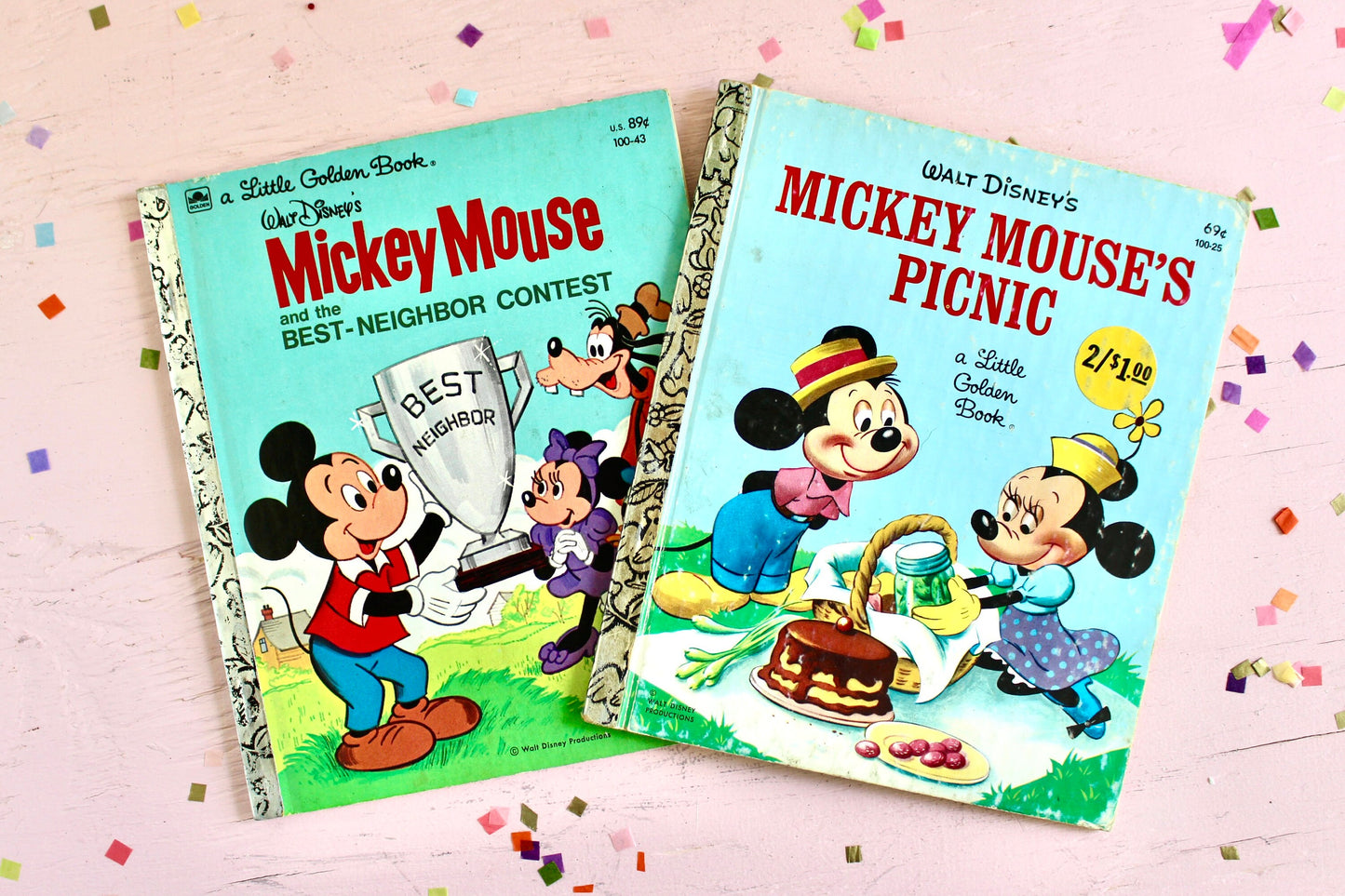 Mickey Mouse Golden Books Set of 2, Mickey Mouse Picnic, Mickey and the Best Neighbor Contest, Vintage 80s Walt Disney Mickey Paper Books