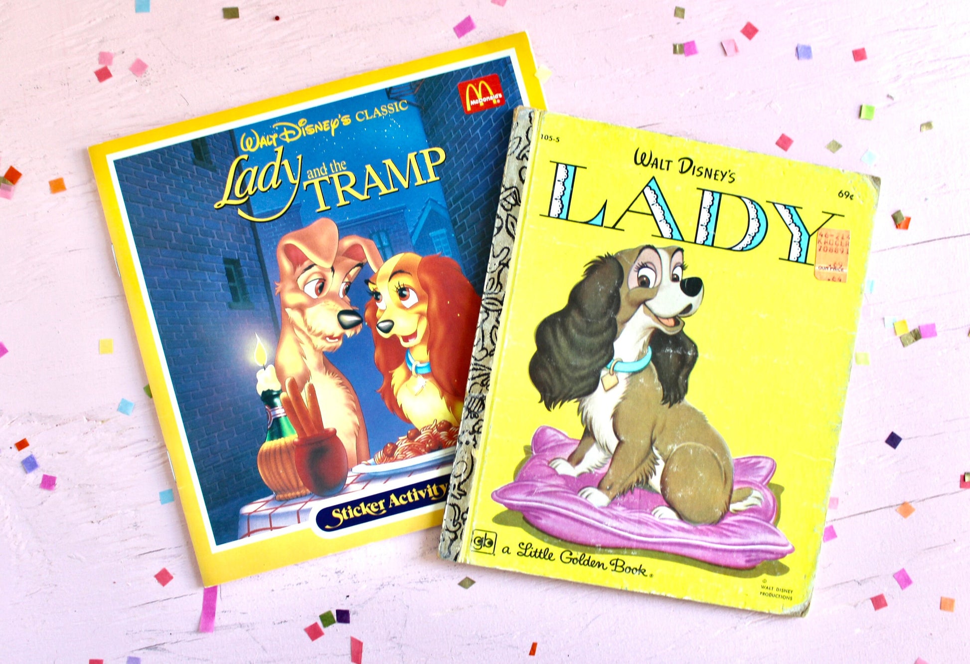 Lady and the Tramp Books Set of 2, McDonalds Sticker Activity Book, Vintage Golden Book, Vintage 80s Disney Cartoon Kids Books