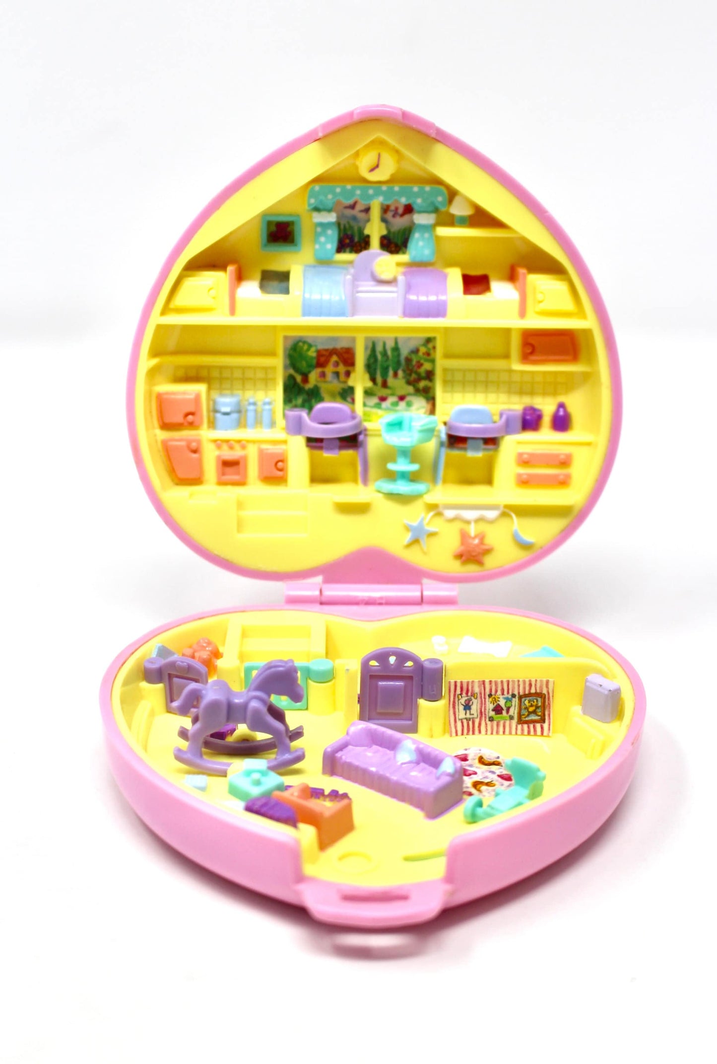 Polly Pocket Perfect Playroom Pink Quilted Heart Compact Set, Vintage Baby Nursery Miniature Polly Toys, 90s Bluebird Babysitting Collection