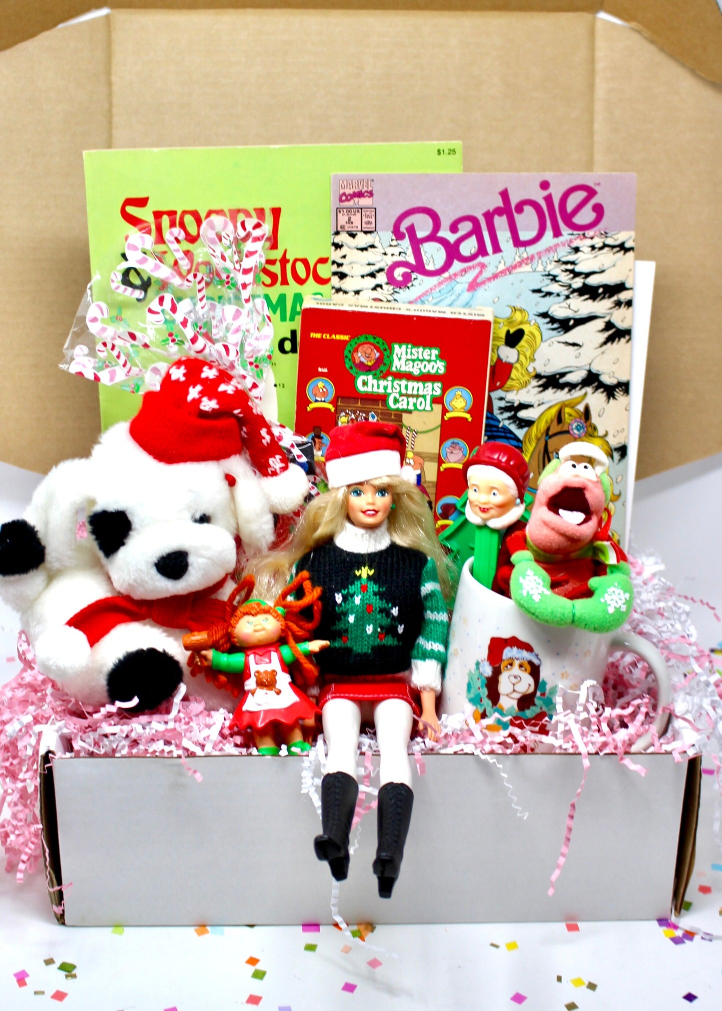 80s Girl Nostalgia Christmas Gift Box, Vintage Holiday Goodie Box, Holiday Barbie Doll Comic, Lazzie Dog Plush, CPK Toy, Snoopy Mr Magoo