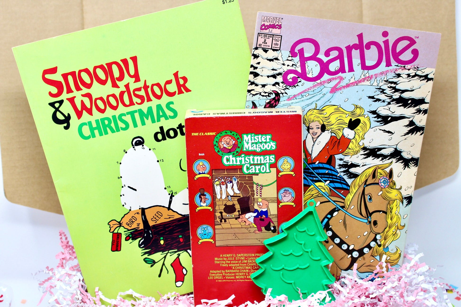 80s Girl Nostalgia Christmas Gift Box, Vintage Holiday Goodie Box, Holiday Barbie Doll Comic, Lazzie Dog Plush, CPK Toy, Snoopy Mr Magoo