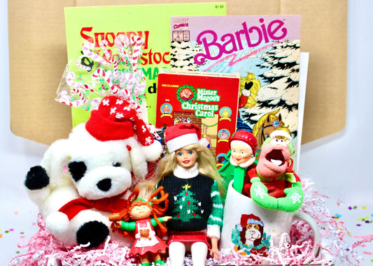 80s Girl Nostalgia Christmas Gift Box, Vintage Holiday Goodie Box, Holiday Barbie Doll Comic, Lazzie Dog Plush, CPK Toy, Snoopy Mr Magoo