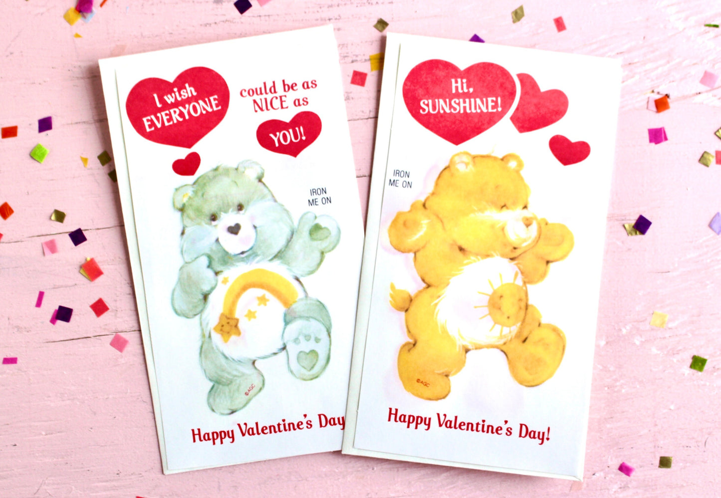 Care Bear Iron On Transfer Valentine Card Set of 2, Funshine and Wish Bear Valentines, Vintage 80s Kids Classroom Valentines with Envelopes