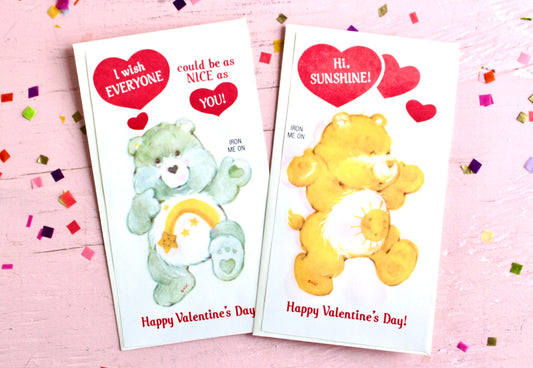 Care Bear Iron On Transfer Valentine Card Set of 2, Funshine and Wish Bear Valentines, Vintage 80s Kids Classroom Valentines with Envelopes