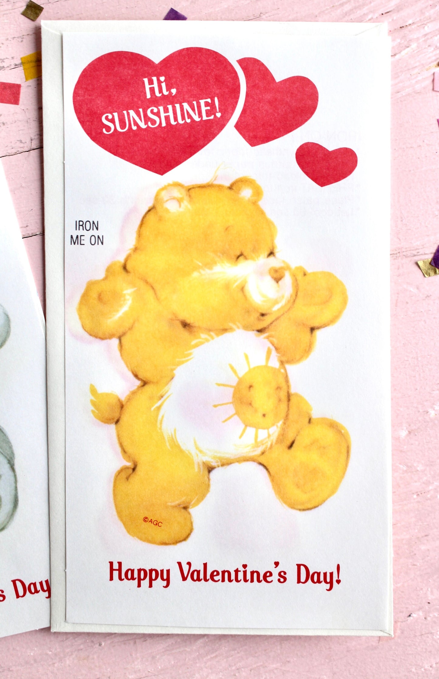 Care Bear Iron On Transfer Valentine Card Set of 2, Funshine and Wish Bear Valentines, Vintage 80s Kids Classroom Valentines with Envelopes