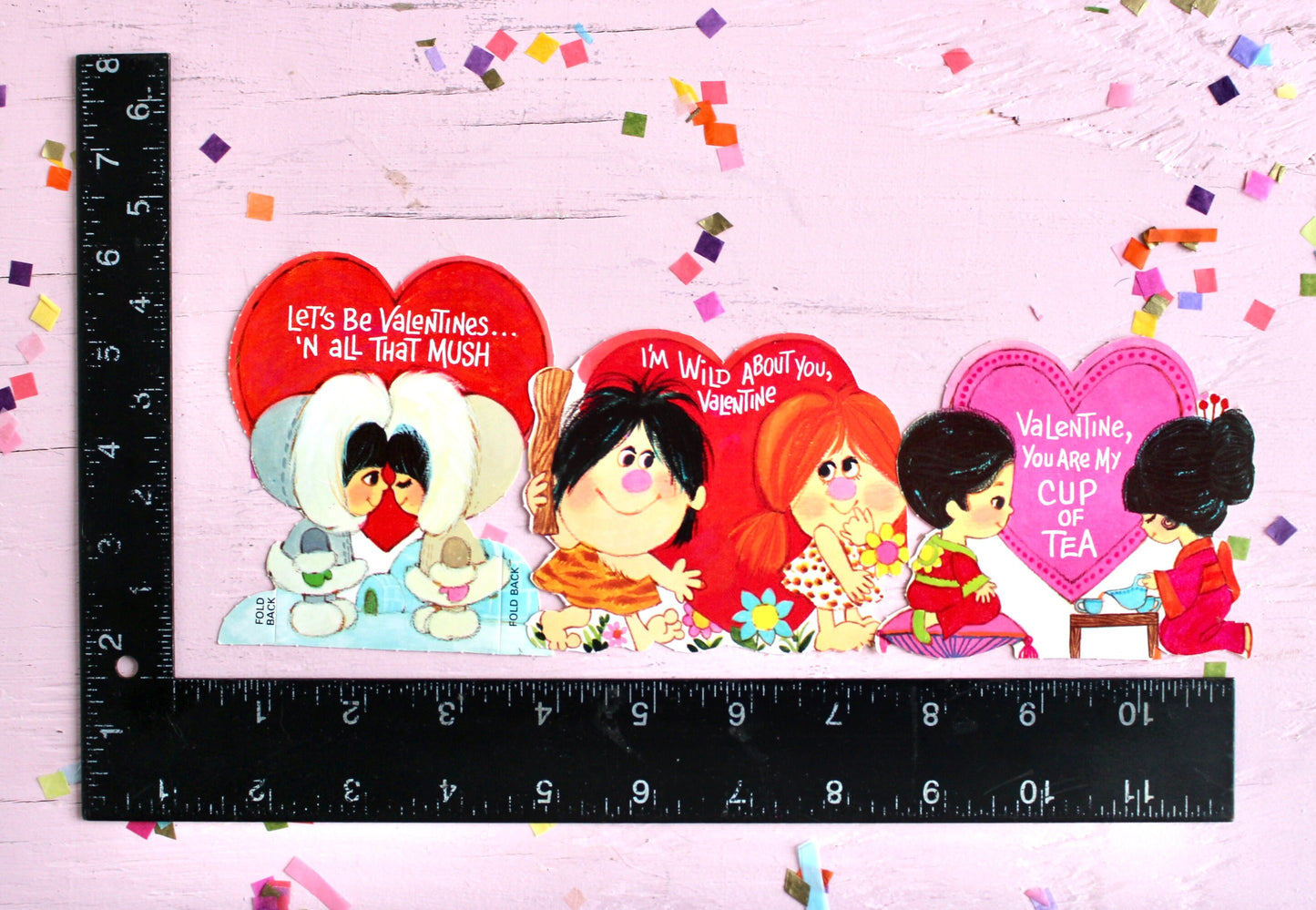 Vintage 80s Valentine Card Set of 3, Boy and Girl Couples Valentine Set, Die Cut Eskimo Cave Man Woman Japanese Tea Time Valentine Cards