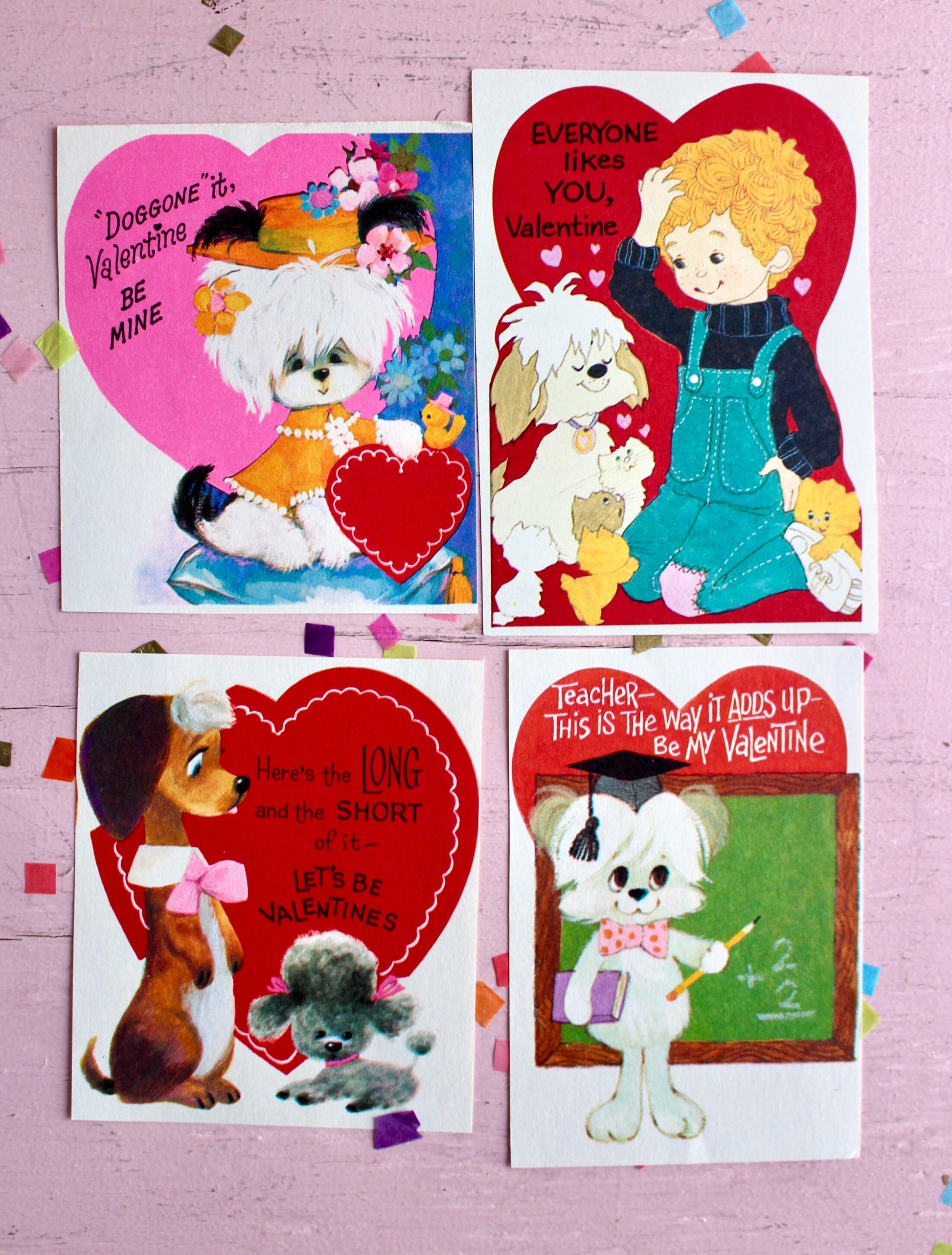 Puppy Dog Valentine Card Set of 4, Vintage 80s Retro Dog Classroom Valentines, Valentines Day Crafting Paper Ephemera