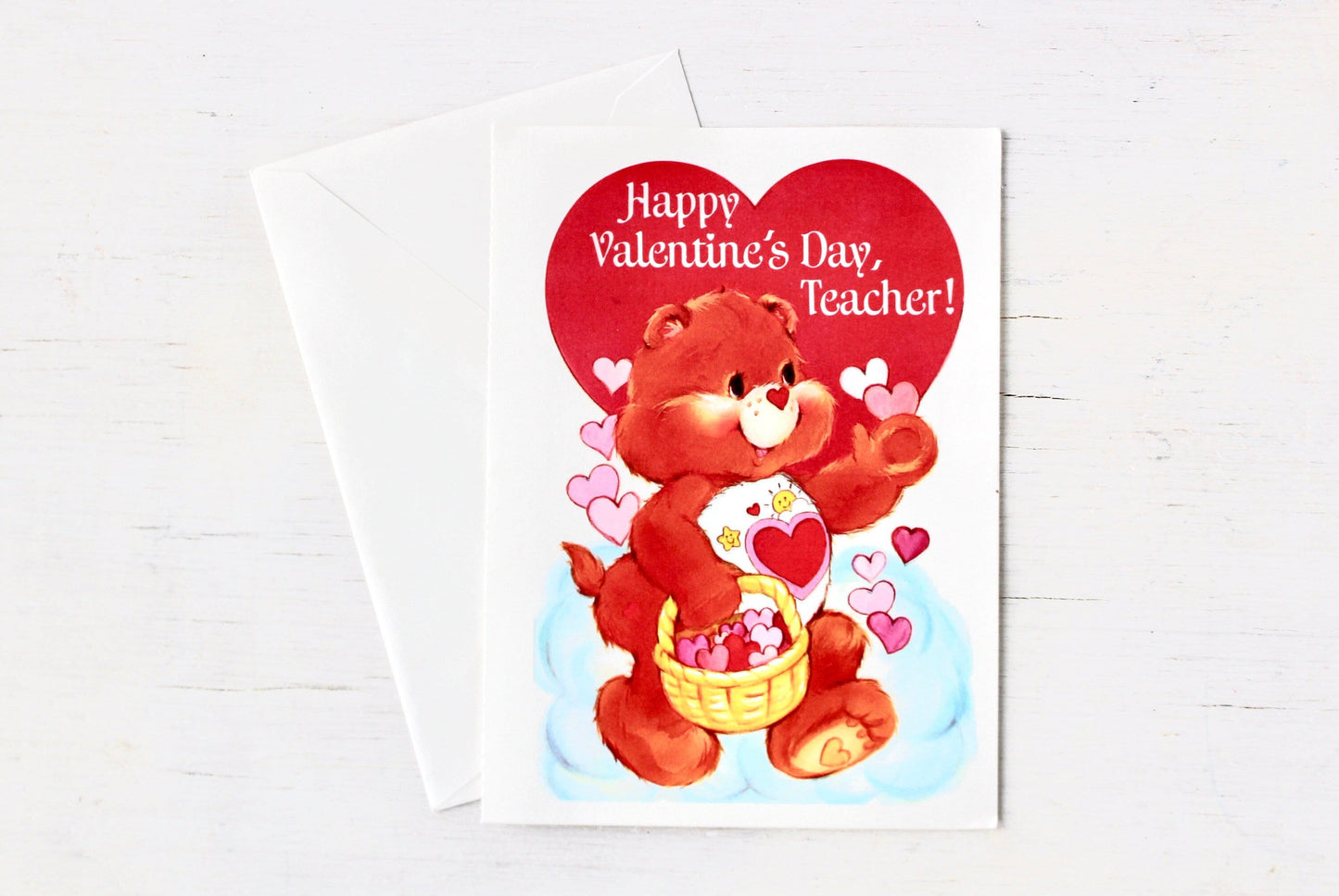 Vintage 80s Care Bear Teacher Valentine Card with Envelope- Vintage Care Bear Valentine Red Heart Paper Craft Ephemera Junk Journals