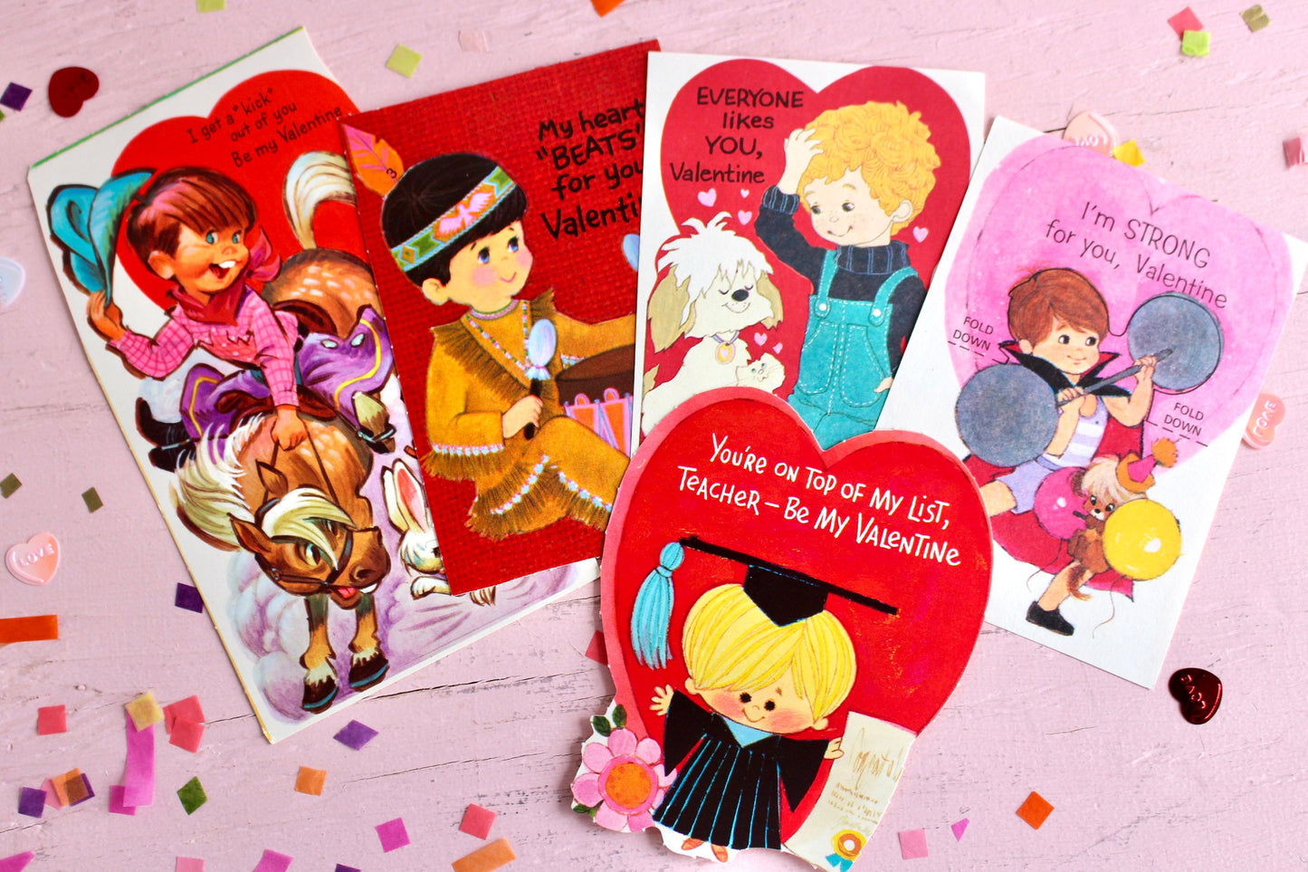 Vintage 80s Valentine Card Set of 5, Boys Valentine Set, Die Cut Rodeo Weights Graduation Dog Native American Valentine Cards