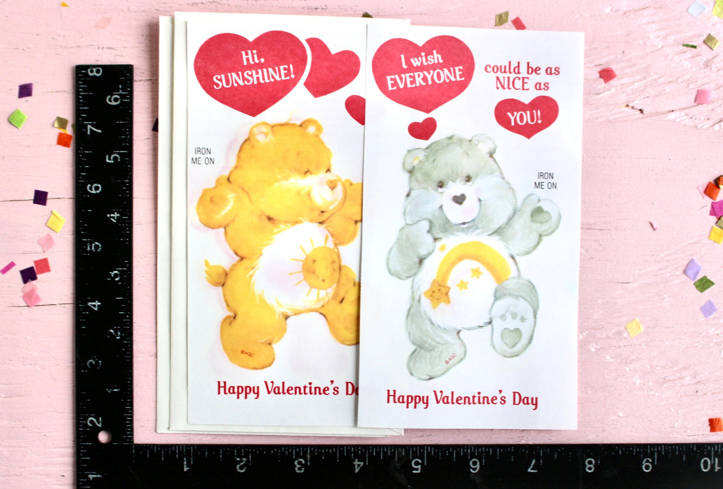 Care Bear Iron On Transfer Valentine Card Set of 2, Funshine and Wish Bear Valentines, Vintage 80s Kids Classroom Valentines with Envelopes