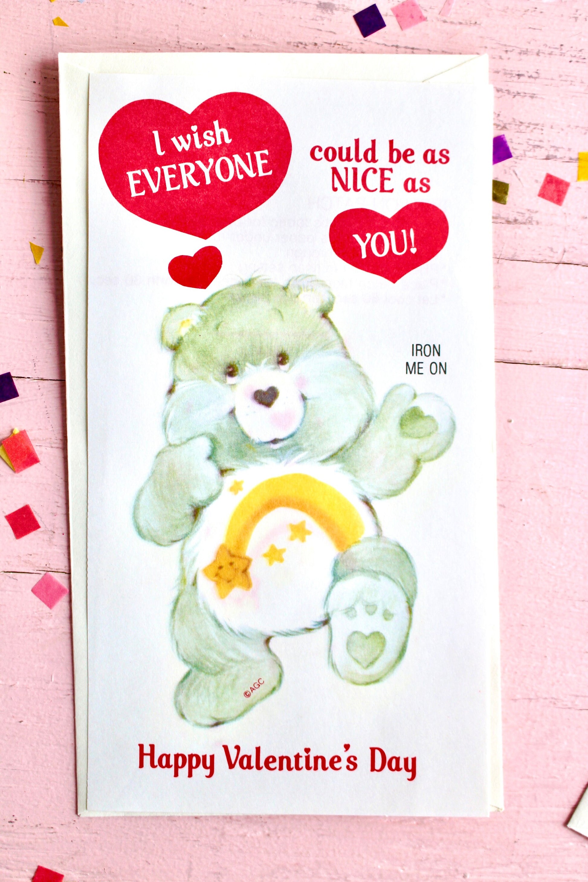 Care Bear Iron On Transfer Valentine Card Set of 2, Funshine and Wish Bear Valentines, Vintage 80s Kids Classroom Valentines with Envelopes