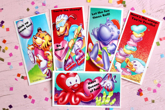 Vintage Animals Valentine Cards Set of 5, 90s Kids Skater Sports Valentines for Collecting and Happy Mail