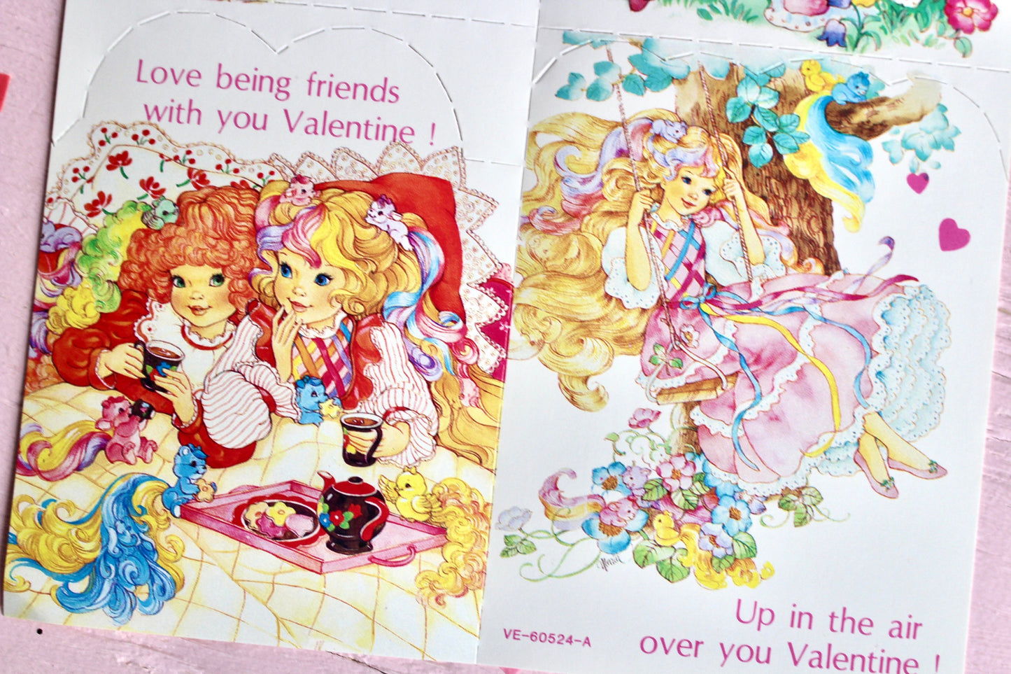 Lady Lovely Locks Vintage Valentine Cards Set of 4 with Envelopes, 80s Kids Pastel Kawaii Classroom Valentines, Whimsical Rainbow Valentines