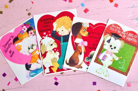 Puppy Dog Valentine Card Set of 4, Vintage 80s Retro Dog Classroom Valentines, Valentines Day Crafting Paper Ephemera