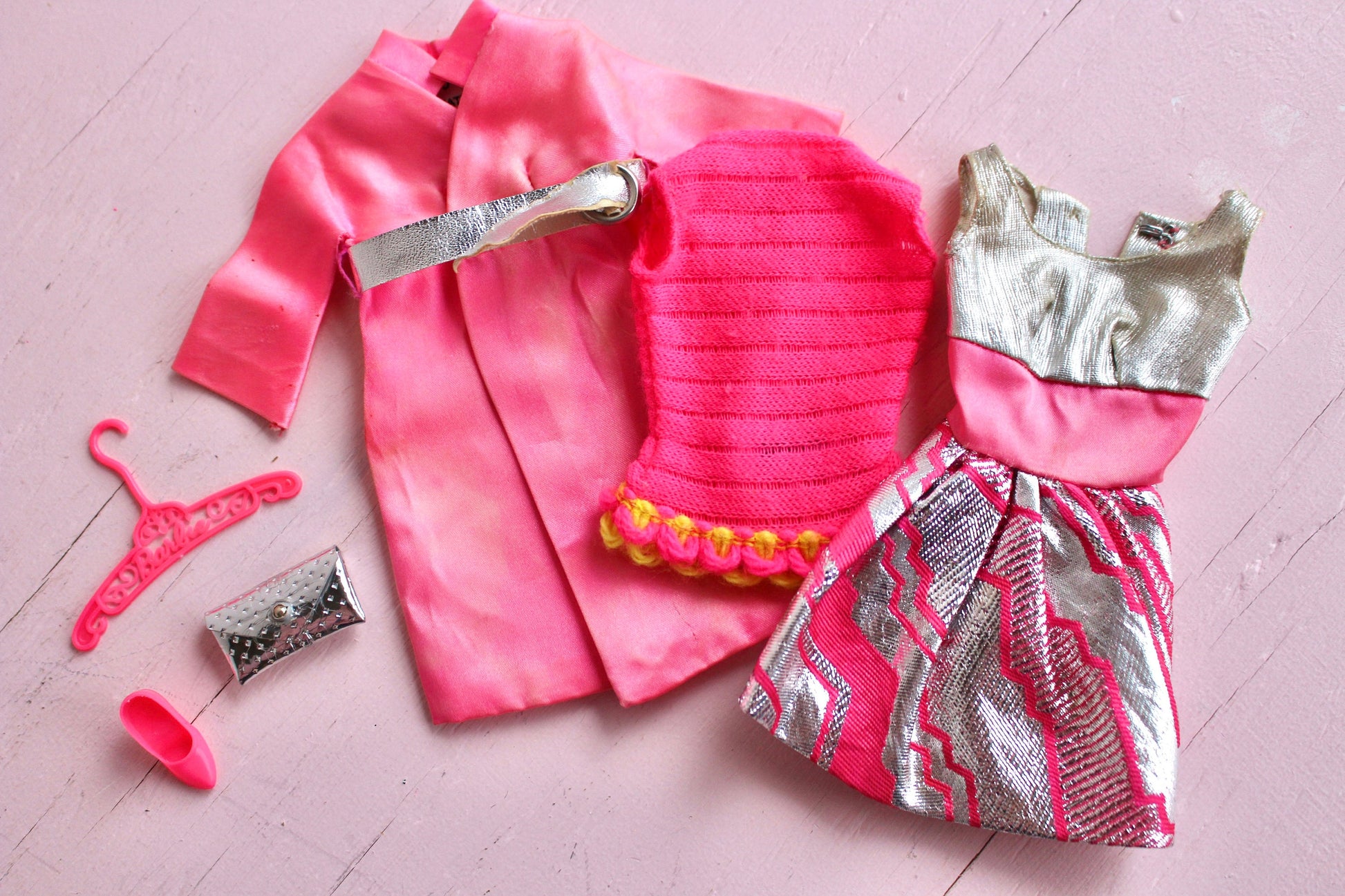 RARE JCPenny Talking Barbie Silver N Satin Fashion #1552, Mod Vintage Barbie Pink and Silver Dress Coat Belt, Vintage 50s 60s Era Barbie